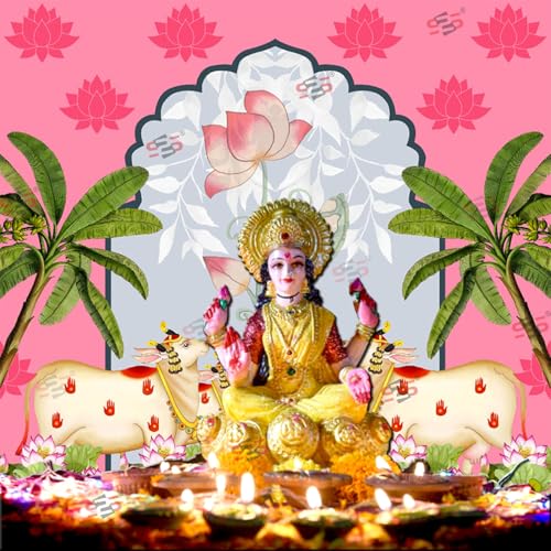 Image of S2S Traditional Backdrop Decoration Cloth | Pink Lotus 4 Cows Backdrop | Gomatha | for Pooja Decoration - 5 Feet Height & 5 Feet Width