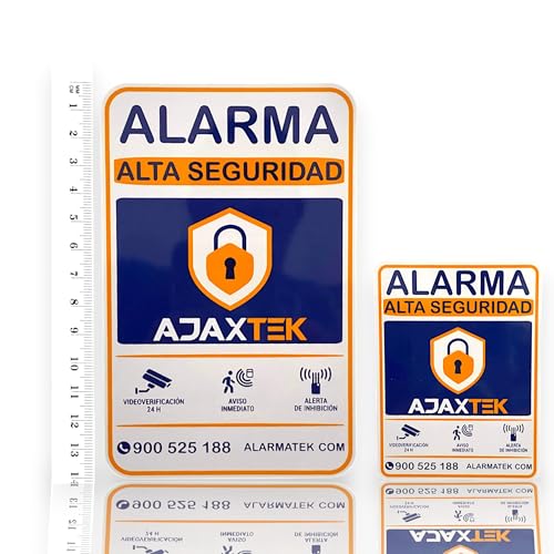 PACK 2 Tamaños cartel alarma AJAX - ES REAL Super Adhesivo y ALUMINIO - Somos empresa venta de ALARMAS Ajax Especial piso Cartel alarma disuasorio Naranja - 14x9cm y 8x6cm - 0,8mm