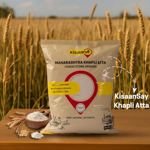 Image of KisaanSay Maharashtra Khapli Atta (5 KG) | Tradtionally Stone Chakki Ground | Stoneground High Protein Atta | Low Gluten Emmer Wheat Flour | High in Fibre & Easy to Digest Khapli Wheat Atta | Nutrient-Rich & Low GI Flour for Softer Rotis