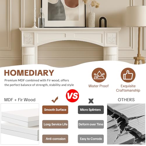 Image of HOMEDIARY 43.3 inch Fireplace Mantel, Freestanding Fireplace Surround with Leg for Electric Fireplaces, MDF Mantel Surround with Shelf for Living Room with Decorative Pattern, Anti-Tipping & Waterproof