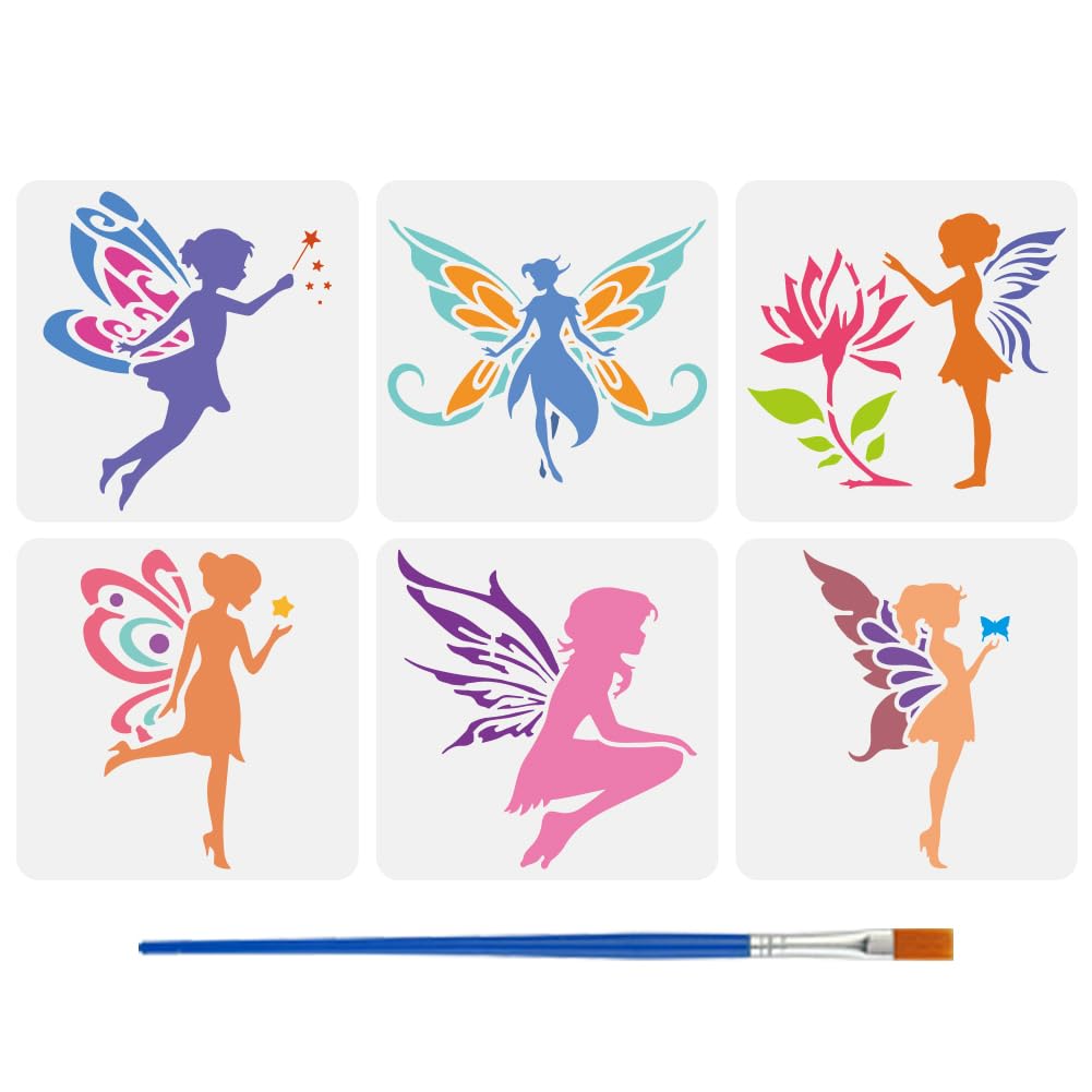 FINGERINSPIRE 6PCS Angel Silhouette Stencils for Painting with Brush 15x15cm Reusable Fairy with Wings Template Hollowed Flower Stars Butterfly Stencil Fantasy Theme Template for Wall Decoration
