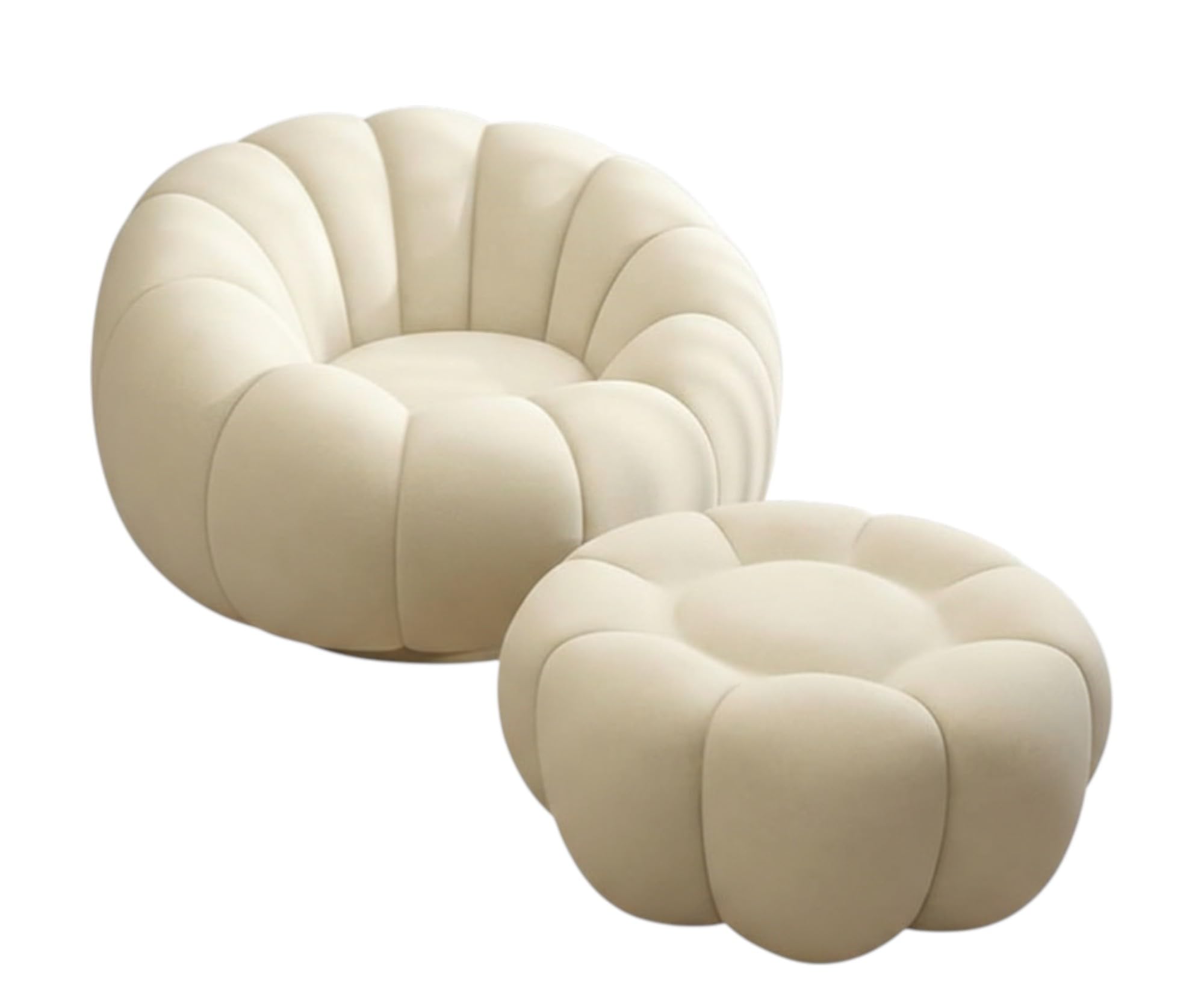 KILEX Modern Round Pumpkin Design Accent Lounge Chair with Ottoman | Cozy Single Seater Sofa for Living Room & Home (White)-image-4