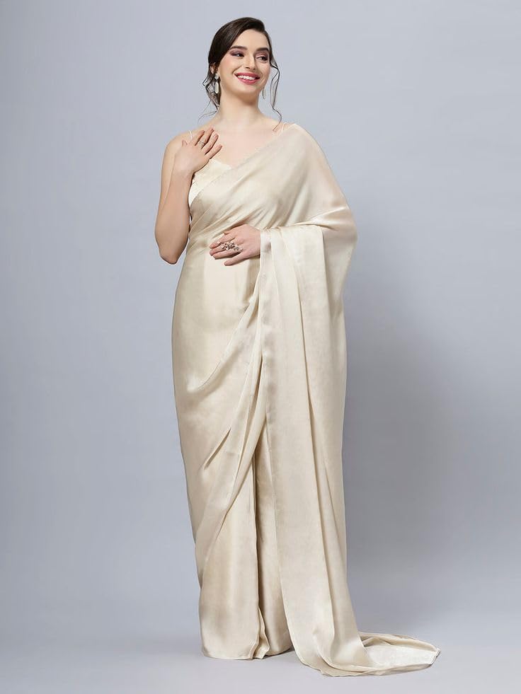 Image of FABIAN FASHION Women's Solid Japan Satin Silk Saree With Unstitched Blouse Piece for Wedding Saree