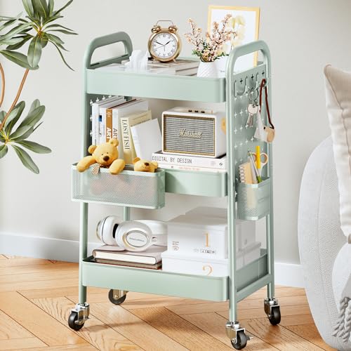 Image of SNTD 3 Tier Rolling Utility Cart - Art Craft Organizers Cart with Wheels, Storage Metal Cart with DIY Dual Pegboards, Removable Baskets Hooks for Office, Home, Kitchen, Classroom (Green)
