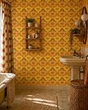 Geometric Peel and Stick Wallpaper, Removable Contact Paper for Walls, Cabinets & Furniture, Renter Friendly Repositionable, Vintage Orange and Yellow 9in x 19.7ft, Made in Japan, EASYWALLTAPE ERT13