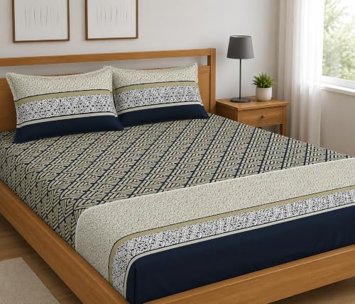 Image of Premium Cotton Fitted Bedsheet King Size 78 x 72 x 8 Inches with 2 Pillow Covers | 220 TC | All-Around Elastic Deep Pocket Bed Cover | Navy Beige Geometric