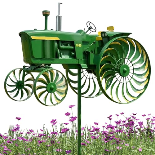 Garden Wind Spinner Green Tractor Windmill Stake with Rotating Wheels for Patio Yard Garden 550g Material Iron(1pcs)