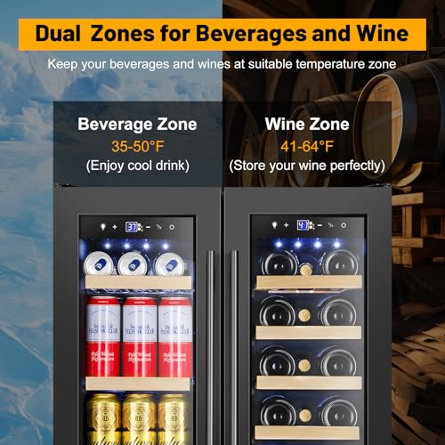 Image of Wine and Beverage Refrigerator, 24 Inch Beverage Cooler Dual Zone with Glass Door, Under Counter Beverage Fridge with Upgraded 60 Cans 20 Bottles Large Capacity, Black