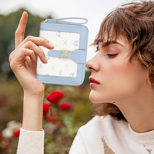 Image of BIAOTIE Wallet for Women Cute Floral Flower Wallet RFID Credit Card Holder Purse Small Bifold Zipper Coin Pocket Purse with ID Windows (Bow Blue)