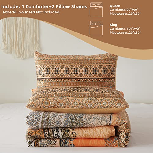 Goodidea Boho Floral Comforter Set 3Pcs Paisley Bohemian Yellow Printed Comforter Set Medallion Exotic All Season Soft Microfiber Queen Bedding Set #TOP6