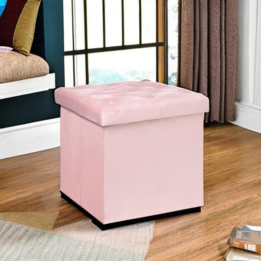 B FSOBEIIALEO Storage Ottoman Cube, Velvet Tufted Folding Ottomans with Lid, Footstool Rest Padded Seat for Bedroom (Pink, Medium) - Image 6