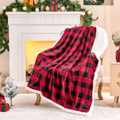 BEDELITE Sherpa Fleece Blanket - Black and Red Buffalo Plaid Christmas Blanket, 50" x 60"