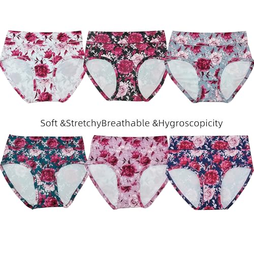 Image of Womens Underwear XL-5XL Plus Size Ladies Panties Mid High Waist Briefs for Woman Floral Print Pantys 6-Pack