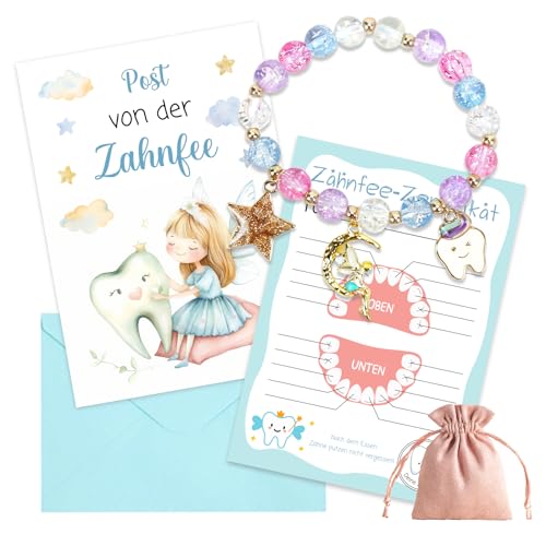Zahnfee Geschenk Mädchen-Zahnfee Armband mit Zahnzertifikat & Karte Zahnfeen Perlenarmband Bunt Milchzahn Überraschung Geschenk Armband Mädchen Geburtstag Taufe Weihnachten für Tochter Patenkind