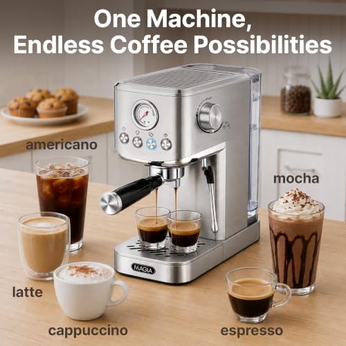 Image of Zulay Magia Compact Espresso Machine - 20 Bar Small Espresso Machine with Milk Frother Steam, Latte & Cappuccino, Mini Espresso Machine 1350W Fast Heating, 40oz Water Tank, Stainless Steel - Silver
