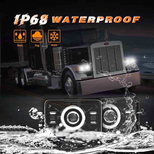 Image of 4x6 LED Headlights [DOT Approved] with Halo White DRL Amber Turn Signal Light [High Low Sealed Beam] Compatible for Peterbilt 379 Kenworth T800 T600 Freightinger Ol-dsmobile Trucks