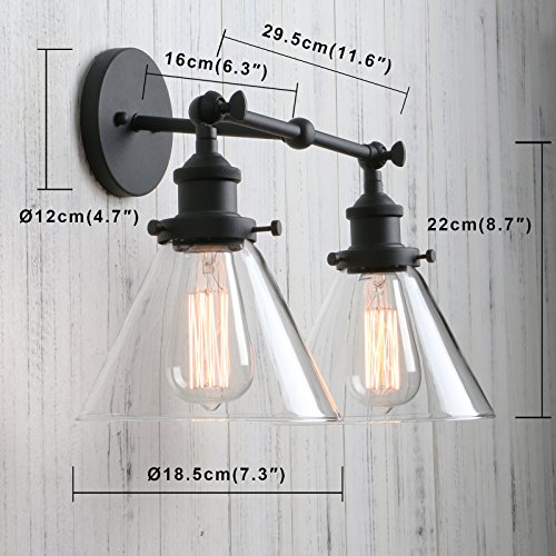 Image of Industrial Double Sconce 2-Lights Wall Sconces with Dual Funnel Clear Glass Shade Wall Sconce for Mirror Hallway Bedroom, Hardwired, E26 Base (Black)
