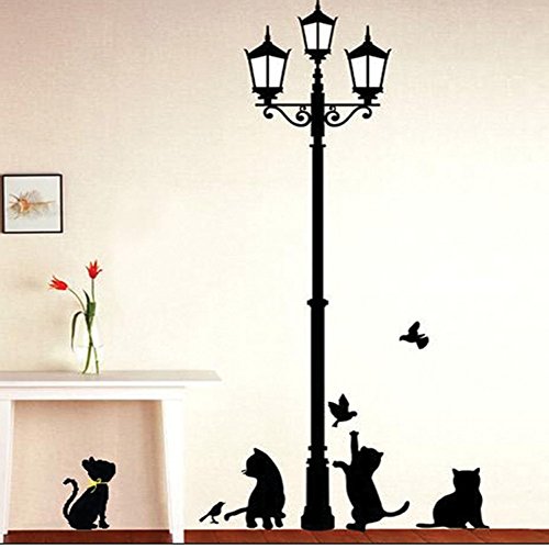 Wallpark Mignon Chat Jouer avec Oiseaux sous Noir Réverbère Amovible Stickers Muraux Autocollants, Salon Chambre Maison DIY Décoratif Adhésif Stickers Mural