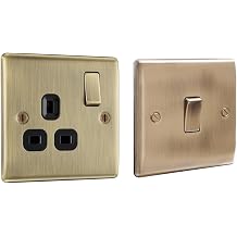 BG Electrical Single Switched Power Socket with Black Inserts, Antique Brass, 13 Amp & BG Electrical nab12 Single Light Switch, Antique Brass, 2-Way, 20Amps and 16AX