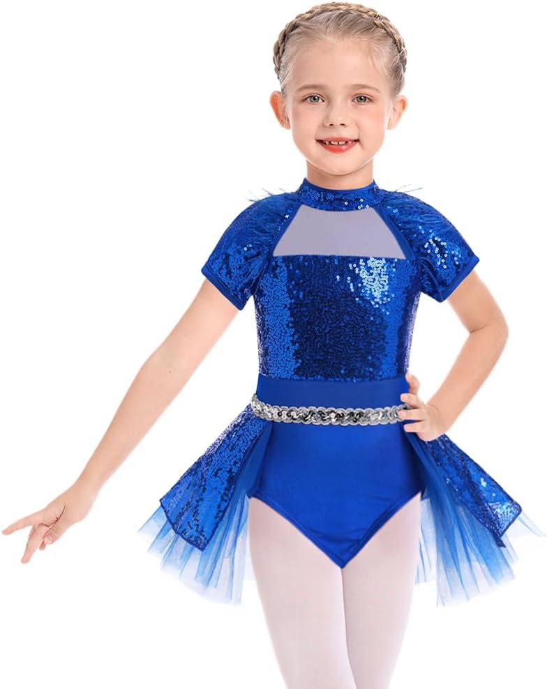 AFAVOM Toddler Girls Sequin Ballet Leotard Sparkly Gymnastics Dance Mesh Leotard Skirted Feather Mock Neck Ballerina Outfit