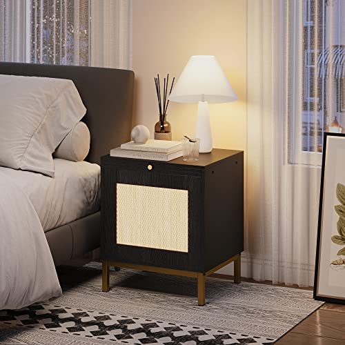 Vortextove Night Stand Set Of 2, Accent Bedside Table With Storage Cabinets, Modern Rattan Side Table With Sturdy Metal Legs For Living Room, Black #TOP29