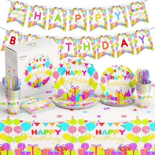 Happy birthday party Supplies set comprenant des assiettes, des serviettes, des tasses, des fourchettes, des couteaux, des bannières et des nappes de 7 et 9 pouces – 146 pièces au total