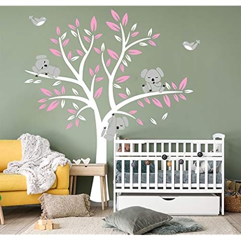 Koala and Tree Wall Decals Animal Tree Peel and Stick Wall Art Decals for Kids Baby Nursery Bedroom Living Room (Pink) Cover