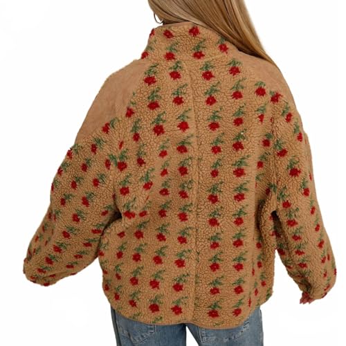 Ainangua Printed Fuzzy Sherpa Fleece Jacket Women Oversized Plush Zip Up Floral Sweatshirt Winter Warm Casual Outwear2