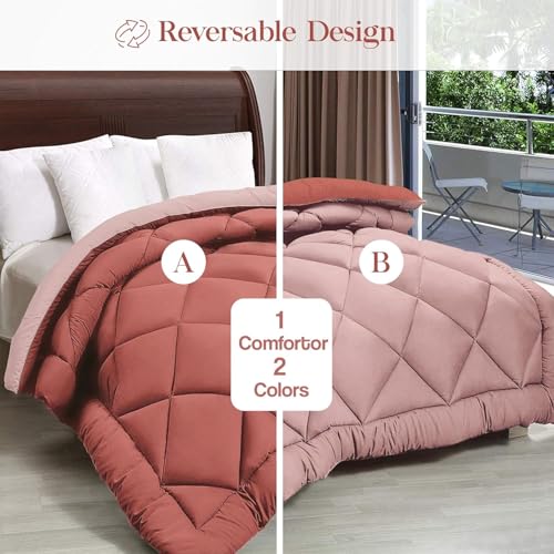 Image of THE HOME STYLE Solid Plain Cotton Feel Fitted Bedsheet (72x78 inches) with Reversible Comforter (90x100 inches) | King Size | 2 Pillow Covers | 300 TC | 4-Piece Bedding Set (Terracotta)