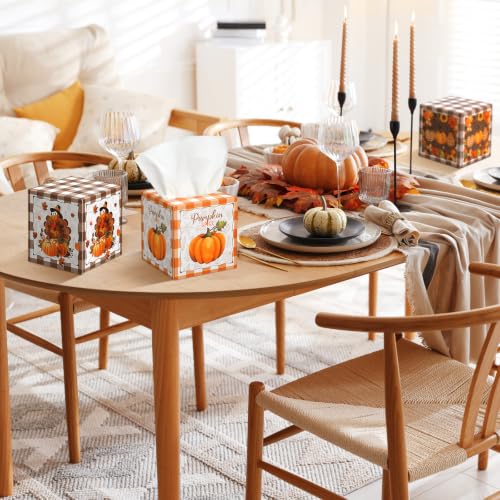 Image of Fourluoo 12 Pack Thanksgiving Plaid Facial Tissues Cube Face Boxes 600 Sheets 3 Ply Small Square Tissues Bulk for Car Bedroom Supplies