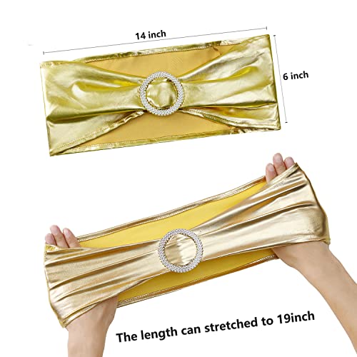 Image of Spandex Gold Chair Sashes Bows 50 Pack Stretch Chair Bands with Buckles Elastic Slider Chairs Ties for Wedding Decorations Party Reception Events Banquet Decor - Metal Gold