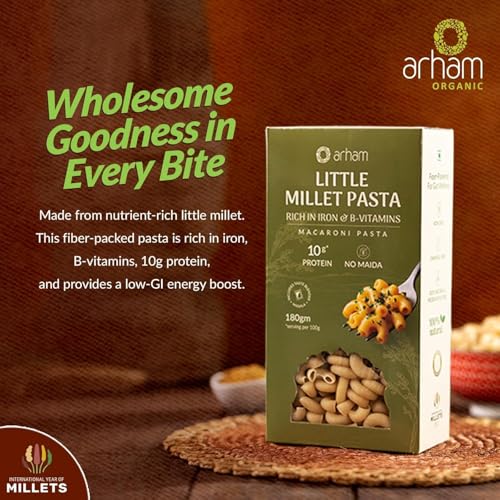 Image of Arham Organic Little & Sorghum Millet Pasta Combo 2 x 180g |Healthy No Maida Pasta | High Fiber & Protein | Non-GMO, No Preservatives | Easy & Quick to Cook