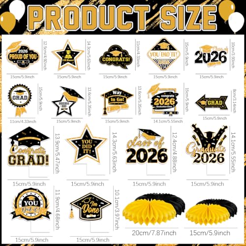 Image of Graduation Decorations 2026 Black and Gold Class of 2026 Banner Congrats Grad Backdrop Paper Tablecloth Pompoms Hanging Swirls and Balloons for 2026 Graduations Party Decorations Supplies