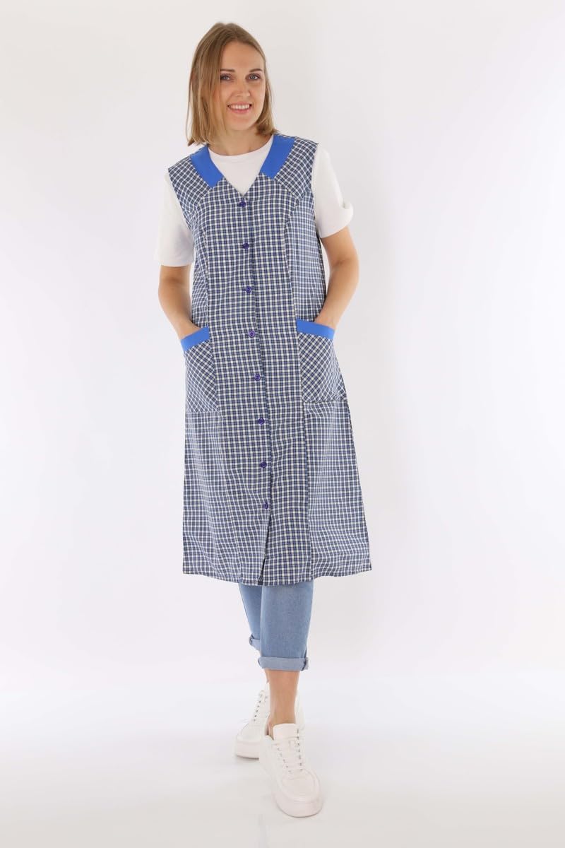 Schuerzenfabrik Delantal con botones para mujer, tejido mixto, a cuadros, sin brazo, delantal de cocina