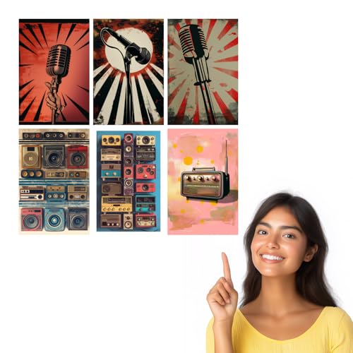 Image of SiddArtify Retro Music Art Print Set - Vintage Microphones and Radios - 300GSM Board - 12x18 Inch - Pack of 6 Wall Room Decoration art Poster Prints