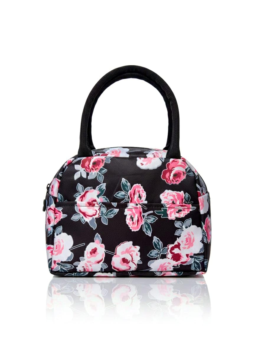 Floral Print Lunch Bag, Black with Pink Rose Pattern, Zip Closure, Handheld Tote-image-24