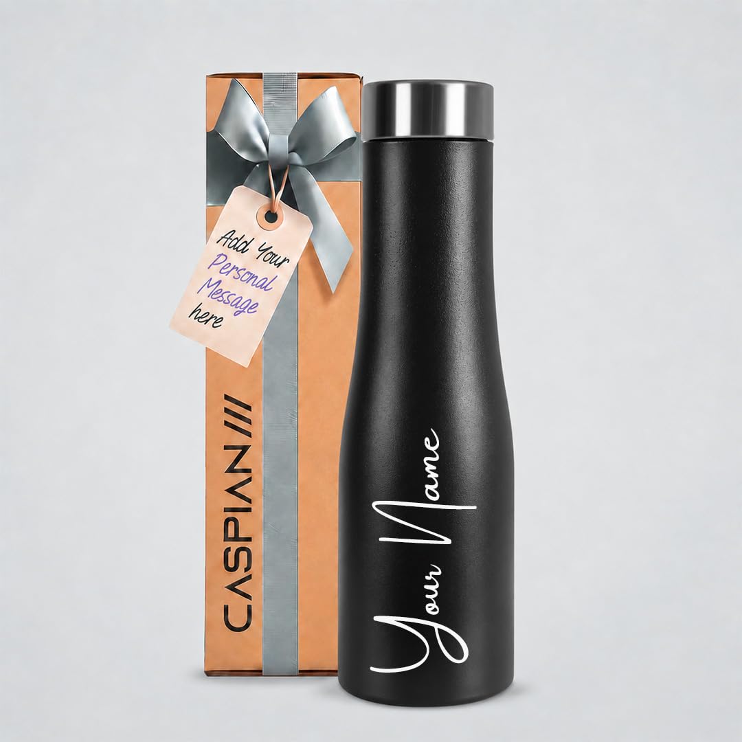 Caspian Aqua Customised Stainless Steel Water Bottle 1L, K Black with Logo Print - Personalised Water Bottle with Your Name Print for Kids Boys Girls School Office Gym- Perfect for Corporate Gifting