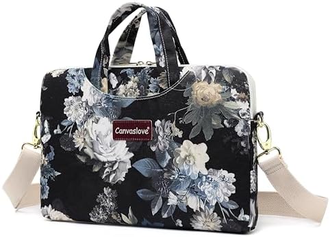 Floral Laptop Messenger Bag, Water Resistant Canvas, 15-16 inch Compatible, Black with Blue and White Flowers