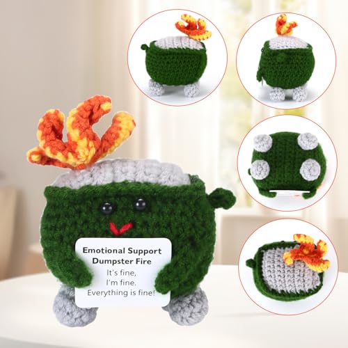 Image of RovyFota Emotional Support Crochet Dumpster Fire with Positive Card Cute Room Decor Knitted Toys Funny Crochet Support Buddies Gifts for Friends (Green&Blue&Red)