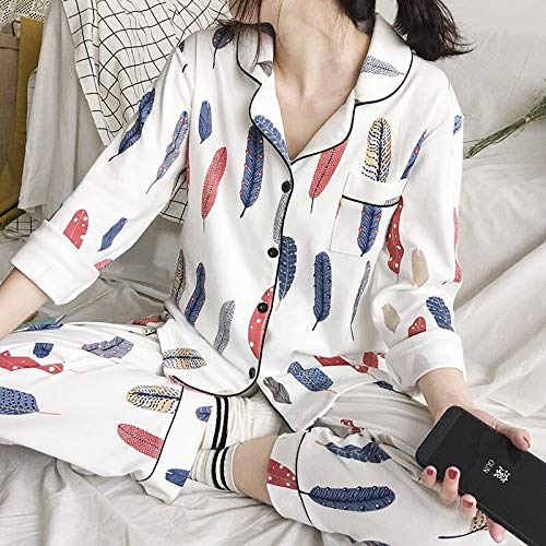 ZXF Pijama de pijama para mujer, de algodón, con estampado de plumas de manga larga y cuello alto, conjunto de dos piezas para el hogar cálido (color: pluma, tamaño: M)