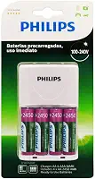 Carregador de Pilhas Philips com 4 Pilhas Aa Recarregáveis 2450mAh SCB2445NB Bivolt Branco