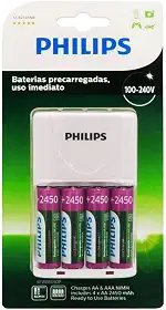 Carregador de Pilhas Philips com 4 Pilhas Aa Recarregáveis 2450mAh SCB2445NB Bivolt Branco
