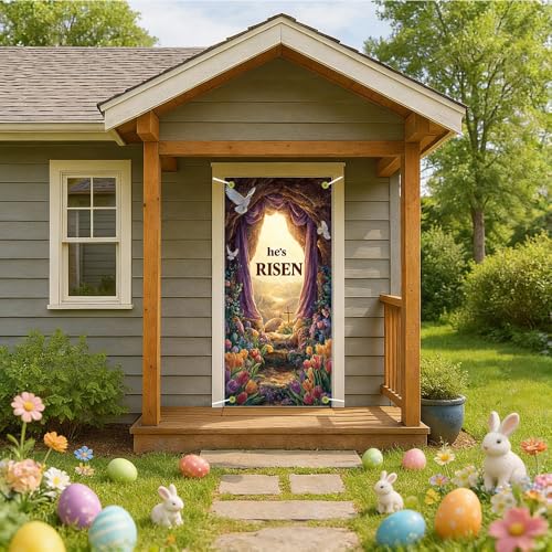 Image of Easter Door Cover 35.43 x 70.87 Inch Sunlit Floral Cave Entrance with Spring Landscape Draped Fabric Tulips and Doves Ideal for Seasonal Home Decoration and Easter Themed Door Display