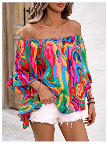 GORGLITTER Women's Off The Shoulder Tops Boho Asymmetrical 3/4 Sleeve Ruffle Colorful Blouses Shirt Tops Dressy Casual4