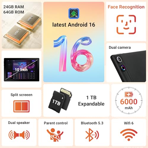 Image of Gleeso Tablet, 2026 10 Inch Android 16 Tablet, 24GB+64GB+1TB TF, 6000mAh Battery, Fast Charging, HD Display, Widevine L1, Dual Camera, Face ID, Split Screen, Light, Portable