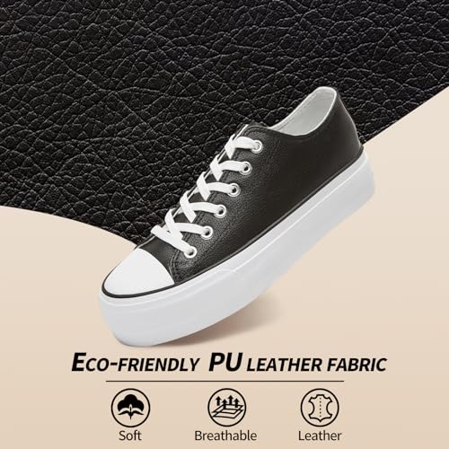 Rominz Women's White Platform Sneakers PU Leather Platform Shoes Classic Black Low Top Sneakers Casual Walking Shoes for Women2
