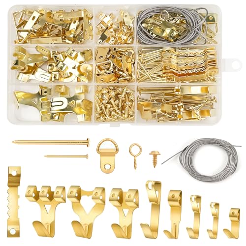 267 Stück Bilderhaken, Bilderhaken zum Nageln Set mit Sägezahn Haken, D-Ringe, Ösenschrauben, Stahldrähte & Schrauben, 10-75 LB, Bildaufhänger für Schwere Bilder, Spiegel