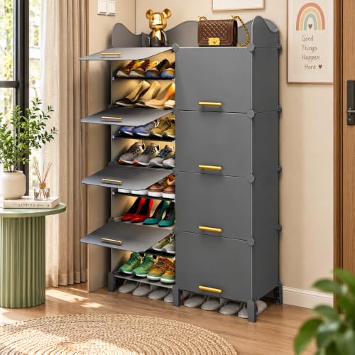 Image of Mevigo 16-Tier Shoe Rack with 8-Doors|Holds 32-Pairs |Waterproof & Dustproof Modular Plastic Shoe Cabinet|Foldable Stackable Shoe Organizer with MetalFrame |Space Saving Storage (Grey-HI1