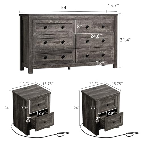 LUXOAK Bedroom Dresser and Nightstand 3 Piece Set, 1 X Wood Rustic 6 Drawer Storage Dresser, Nightstand Set of 2 with Charging Station, Farmhouse Bedroom Furniture Set, Rustic Grey