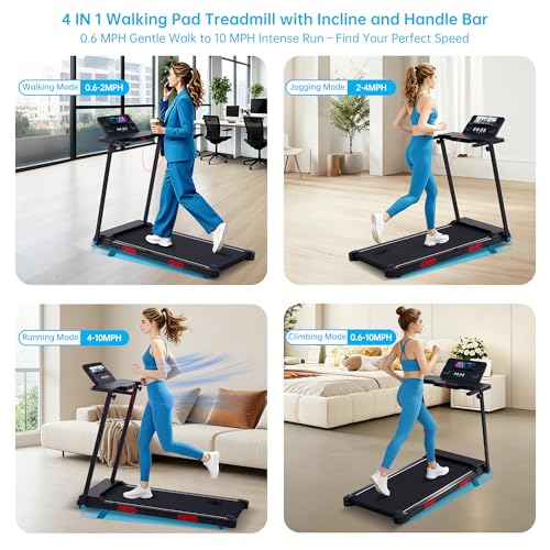 Image of Electric Treadmills for Home Exercising, 0.6-10MPH Portable Treadmills for Home Small Spaces, 3.5HP Mini Treadmills with Handles, 400LB Walking Pad Treadmill with Handle Bar and Incline